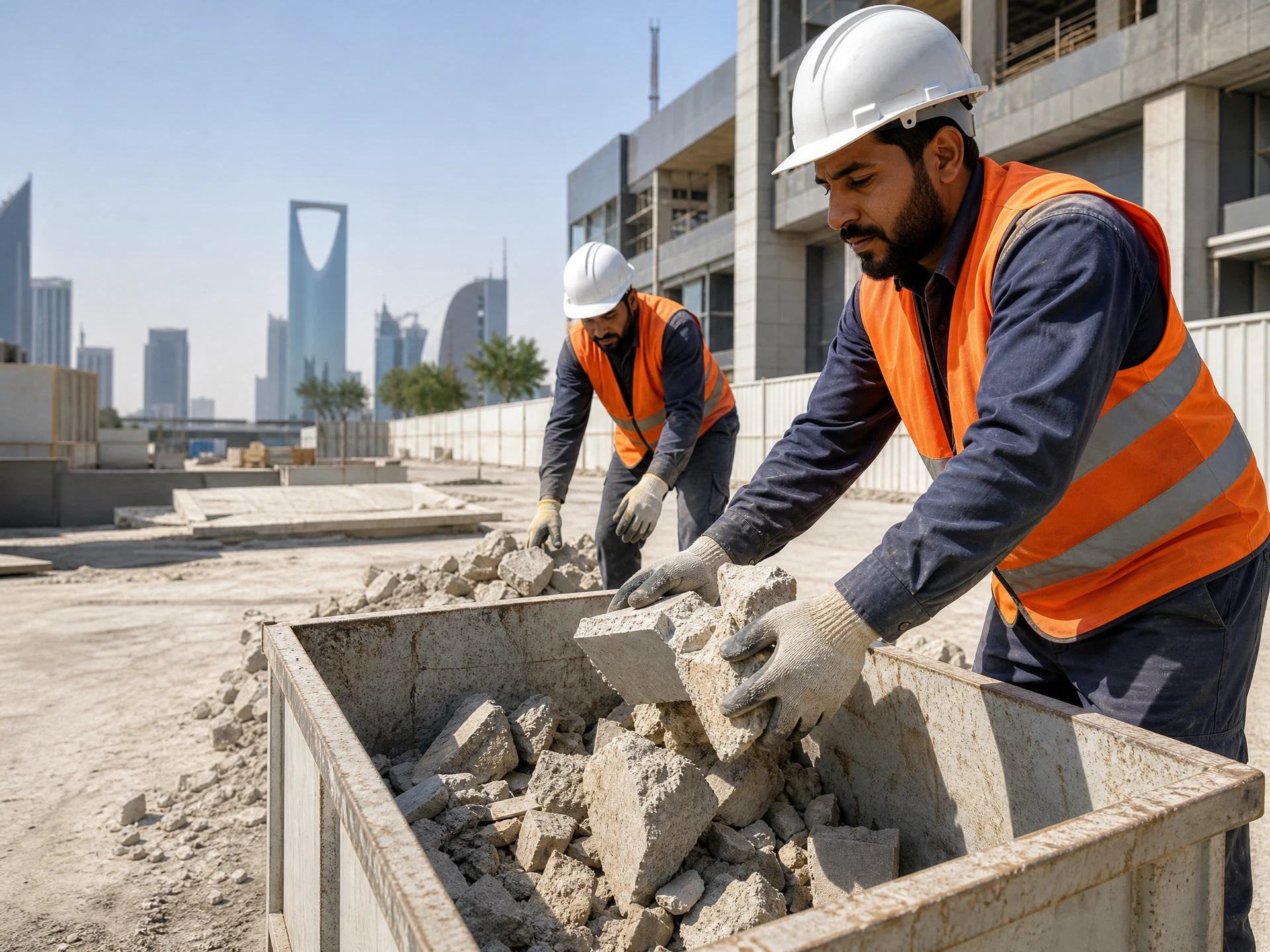 عمال سعوديون يرفعون مخلفات بناء